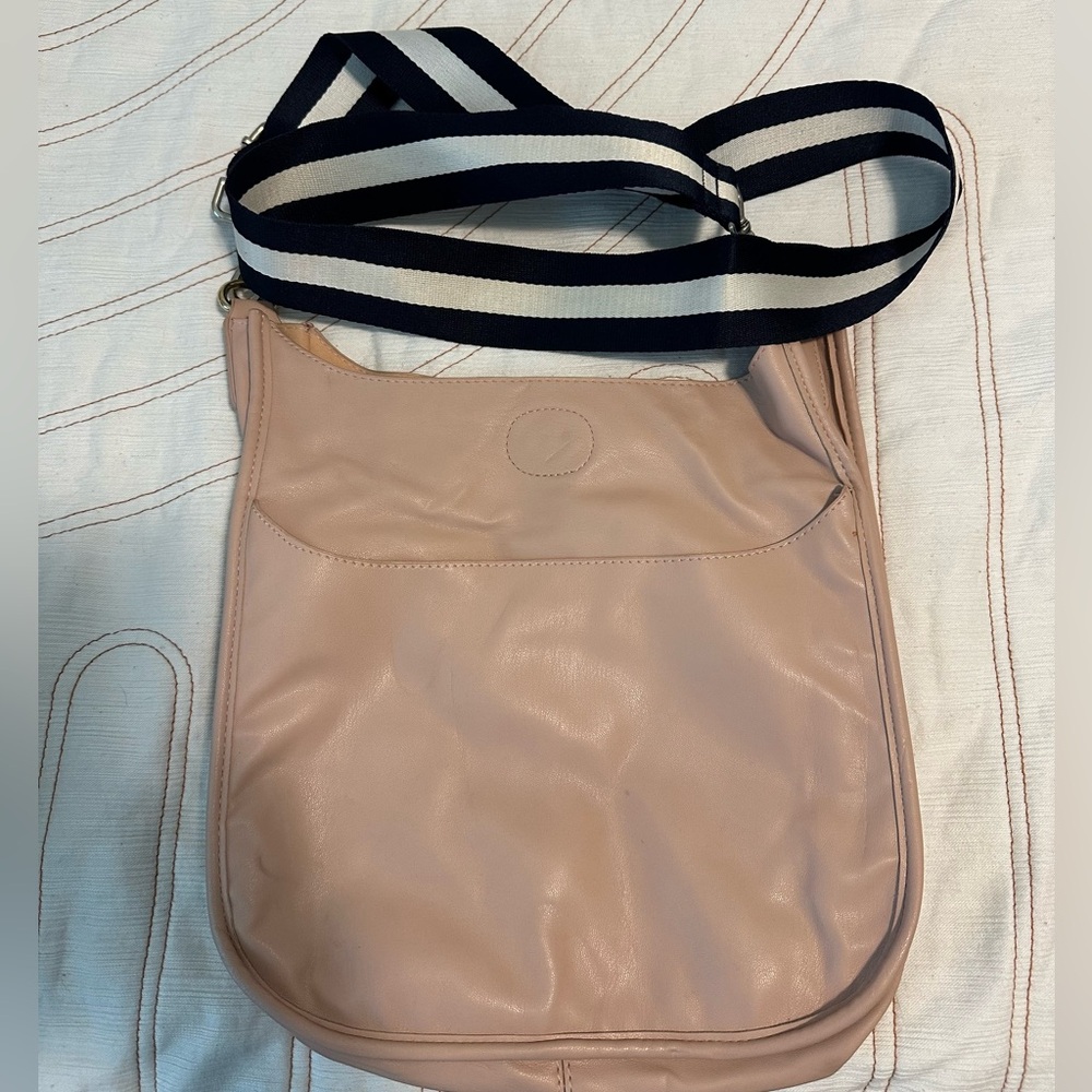Blush Ah•Dorned crossbody with Navy strap